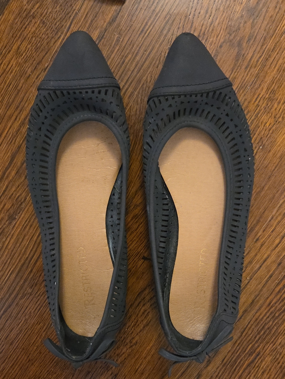 Restricted Black Pointed Toe Laser-Cut Ballet Flats